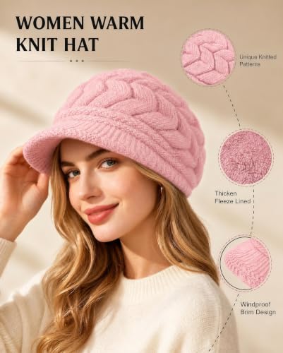 YSense 2 Pack Womens Winter Hats Warm Knit Beanie with Visor - color: Beige Pink
