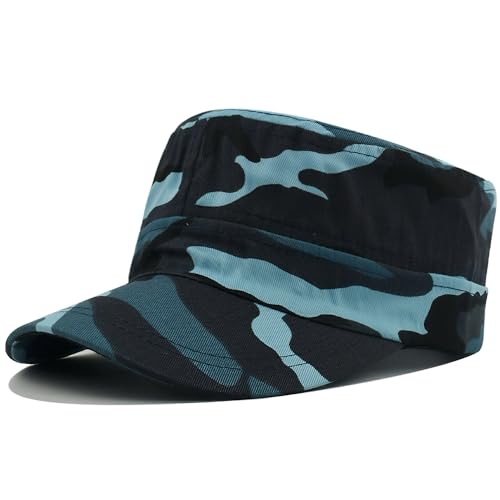 Cadet Army Cap for Men Women Military Adjustable Unisex Flat Top Hat - color: Camo Blue