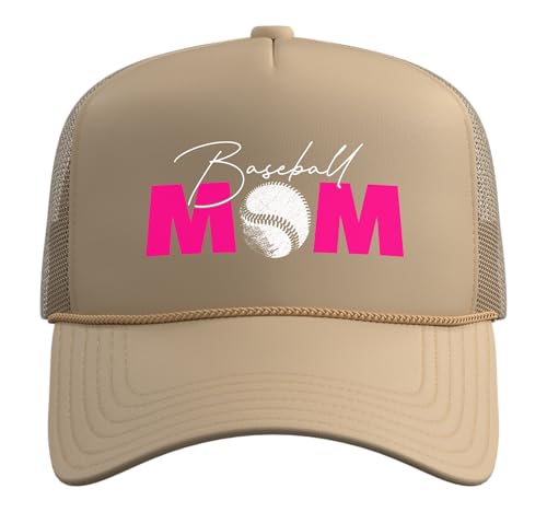 Baseball Mom Trucker Hat with Adjustable Mesh Back - color: Khaki
