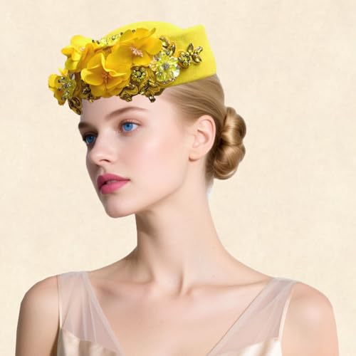 Women's Retro British Felt Headscarf Hat Church Derby Headdress with Floral Women's Soft Beret - color: Yellow