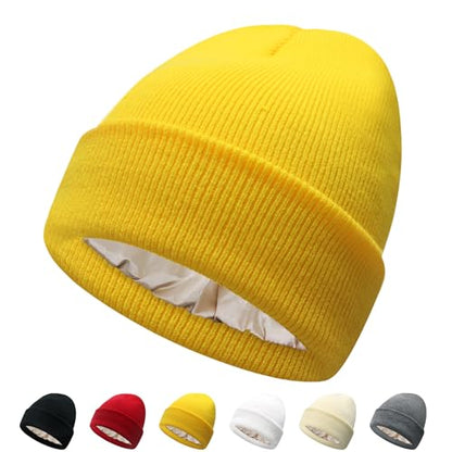 PFFY Satin Lined Beanie for Women Winter Hats Warm Reduce Frizz - color: Yellow