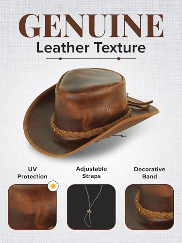 Genuine Leather Cowboy Hat for Men & Women – Western Outback Hat with Chin Strap & Sun Protection - color: Brown, size: X-Large