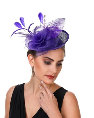 SAFERIN Women's Fascinators Feathers Tea Party Hat Veil Headband with Hair Clip for Cocktail Church - color: Ta4-purple
