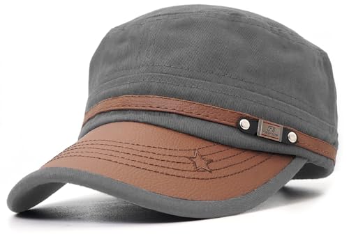 Flat Top Cap for Men Soft Cotton Adjustable Military - color: Grey