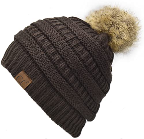 C.C Trendy Fuzzy Fleece Lined Warm Comfortable Soft Stretch Cable Knit Ribbed Faux Fur Pom Pom Beanie Hat - color: Brown