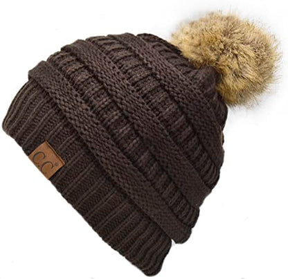 C.C Trendy Fuzzy Fleece Lined Warm Comfortable Soft Stretch Cable Knit Ribbed Faux Fur Pom Pom Beanie Hat - color: Brown