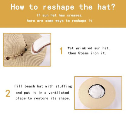 Women's Straw Sun Hat UPF80 UV Protection Foldable Wide Brim Summer Hat Sweatband Adjustable Floppy Beach Hats for Women - color: Beige-shell