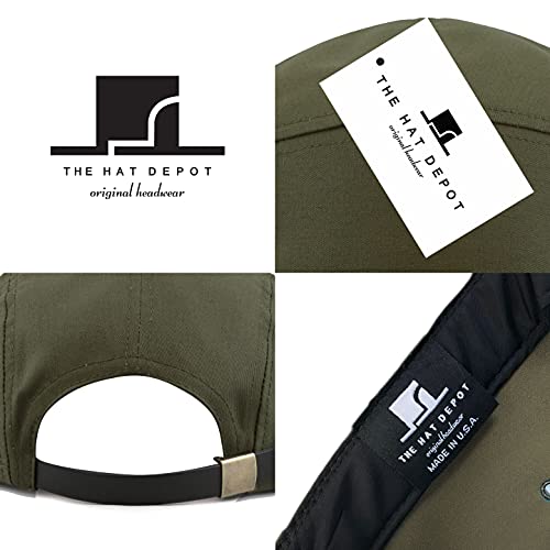 The Hat Depot Made in USA Cotton Twill 5 Panel Flat Brim Genuine Leather Brass Biker Board Cap - color: Olive
