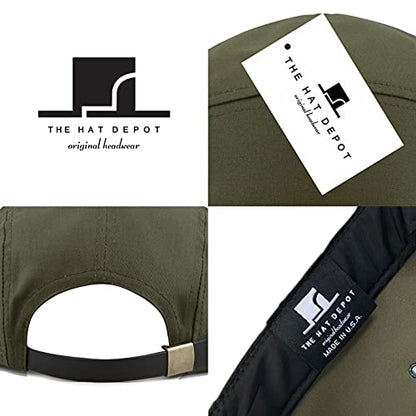 The Hat Depot Made in USA Cotton Twill 5 Panel Flat Brim Genuine Leather Brass Biker Board Cap - color: Olive