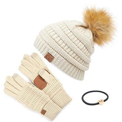 C.C Hatsandscarf Exclusives Unisex Solid Ribbed Beanie with Pom (HAT-43) - color: A Gift Set-beige