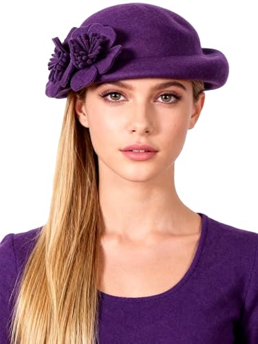Women Wool Felt Ribbon French Fashion Vintage Millinery Beret Hats Top Cap Ladies Party Wedding Fedoras Chapeau - color: Purple 1