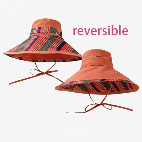 Reversible Wide Brim Sun Hat, Double-Sided Bucket Hat with Chin Strap, Packable UV Protection Beach Hat, Yellow - color: Orange