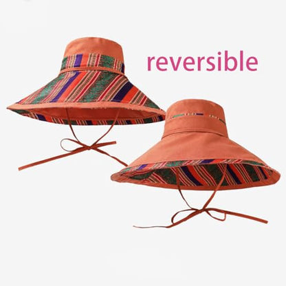 Reversible Wide Brim Sun Hat, Double-Sided Bucket Hat with Chin Strap, Packable UV Protection Beach Hat, Yellow - color: Orange