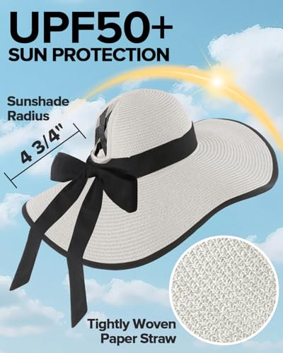 Sun Beach Hats for Women with Ponytail Hole, Floppy Wide Brim Beach Hat, Straw Summer Packable Sunhat Foldable Sun Protection - color: White, size: Large