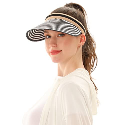 Women Summer Sun Hat Lady's Portable Beach Visor Bowknot Straw Hat - color: Black Stripe