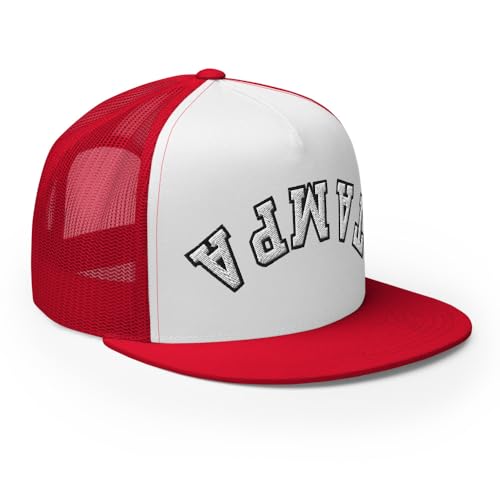 NX Upside Down Tampa Embroidered Flat Bill Trucker Hat High Crown Snapback Cap - color: Red/ White/ Red