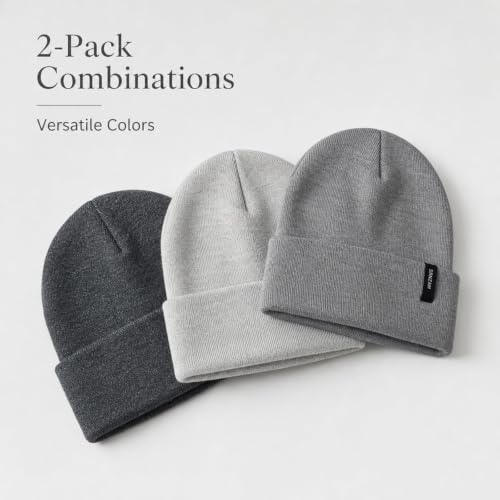 2 Pack Beanie for Men Women Warm Knit Winter Hat Soft Cuffed Cap - color: Heather Grey + Dark Grey