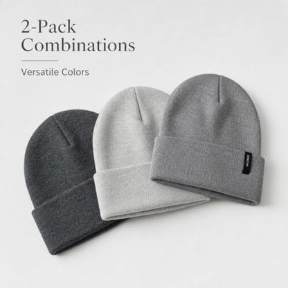 2 Pack Beanie for Men Women Warm Knit Winter Hat Soft Cuffed Cap - color: Heather Grey + Dark Grey