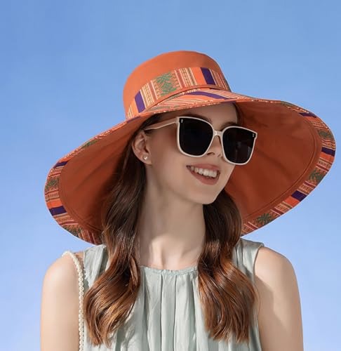Reversible Wide Brim Sun Hat, Double-Sided Bucket Hat with Chin Strap, Packable UV Protection Beach Hat, Yellow - color: Orange