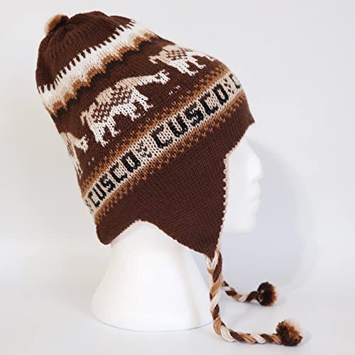 Alpaca Wool Blend Winter Hat Chullo Inca Peruvian Design Reversible with Earflaps. Beanie Medium Size. Unisex - color: Brown/Beige