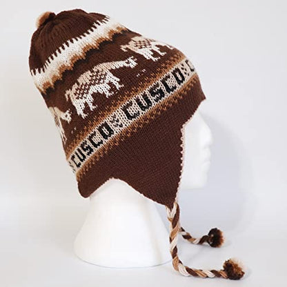 Alpaca Wool Blend Winter Hat Chullo Inca Peruvian Design Reversible with Earflaps. Beanie Medium Size. Unisex - color: Brown/Beige