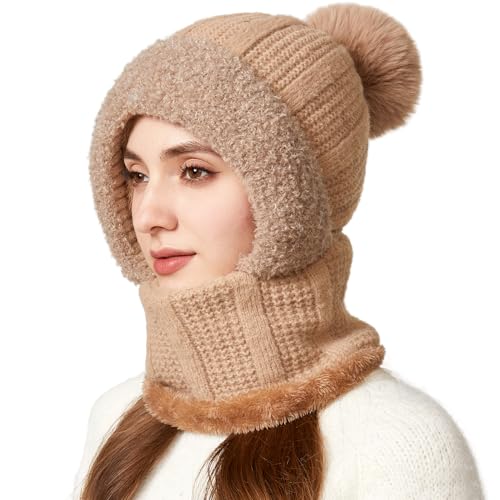 HUAMULAN Women Cable Knit Balaclavas Winter Fleece Lined Beanie Hat - color: Solid Khaki