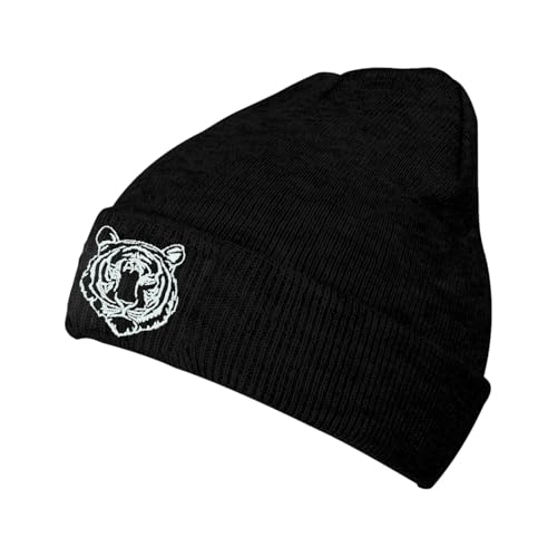 Black Beanie Hat for Men Women Embroidered Knit Winter Beanies Cap - color: Tiger