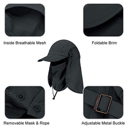 CRISTGEE Foldable Sun Cap, Fishing Hats, UPF 50+ Protection Caps with Face Mask Neck Flap - color: Black