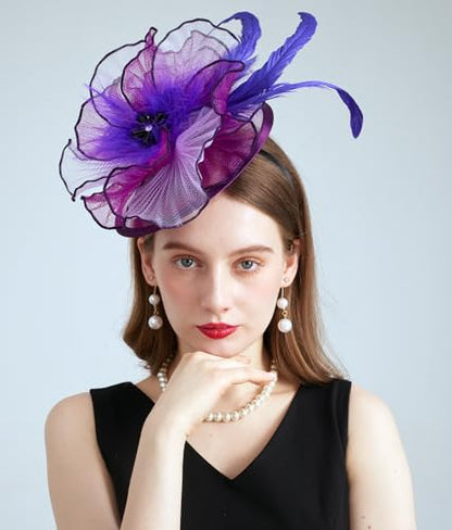 Women Organza Derby Hat Fascinator Tea Party Wedding Church Derby Hat Fascinator Hats Dual-use - color: 02e Purple