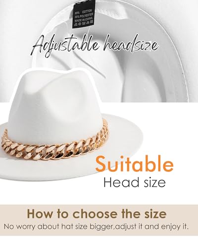 Men & Women Wide Brim Fedora Hat with Chain Buckle - color: Chain Belt-white