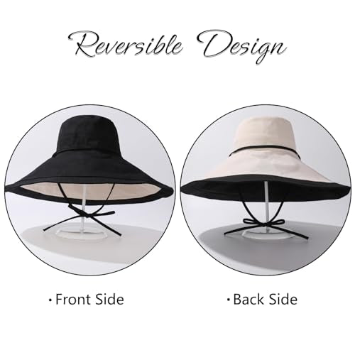 Wide Brim Sun Hat for Women Reversible Beach Hats Metal Wired Edge Gardening Hats, UPF 50+ Bucket Summer Hat - color: Black Beige