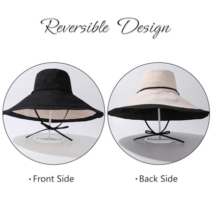 Wide Brim Sun Hat for Women Reversible Beach Hats Metal Wired Edge Gardening Hats, UPF 50+ Bucket Summer Hat - color: Black Beige