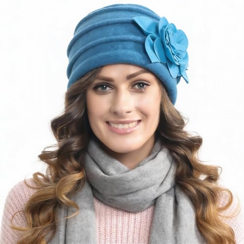 Vintage Women Floral Wool Dress Cloche Winter Hat 1920s - color: C022-d-peacock