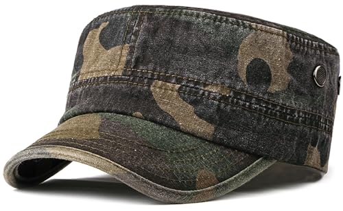 Military Cadet Army Cap for Men Women – Washed Cotton Vintage Adjustable Flat Top Hat - color: Woodland Camo