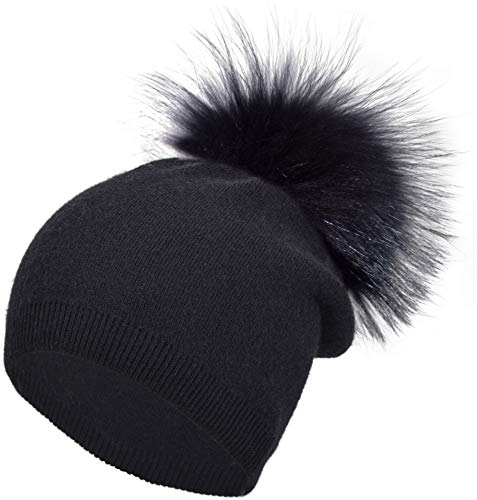 Women's Double Layer Winter Slouchy Knit Beanie Hat with Real Fur Pom Pom - color: Black Pom 3