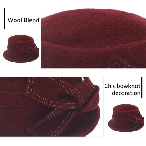 Women 1920s 100% Wool Vintage Cloche Bucket Winter Hat with Bow Knot and Flower - color: Knot-burgundy