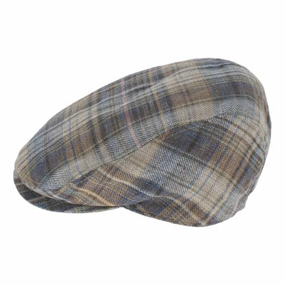 Hats in the Belfry Italia Men's Flat Cap, 100% Linen, Blue Brown Cream Plaid, Made in Italy, Newsboy Style, Casual Wear - color: Blue Plaid, size: X-Large