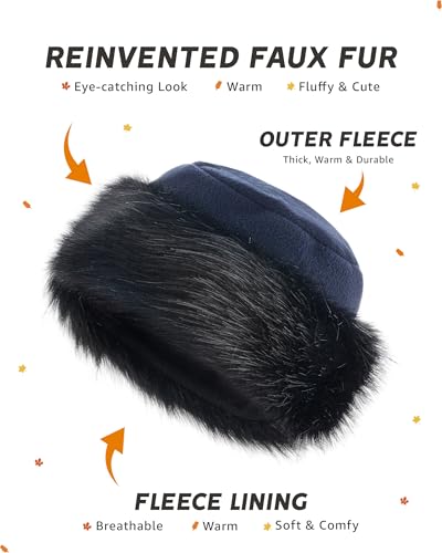 Futrzane Faux Fur Trim Hat for Women - color: Navy Blue - Black, size: X-Small