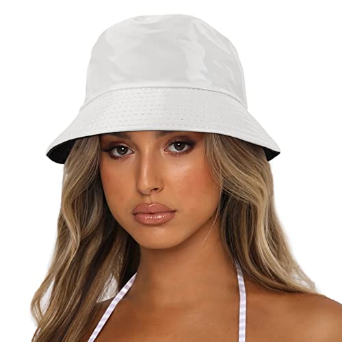 Reversible PU Leather Bucket Hats for Women Solid Color Double Wear Summer Hat Unisex - color: White