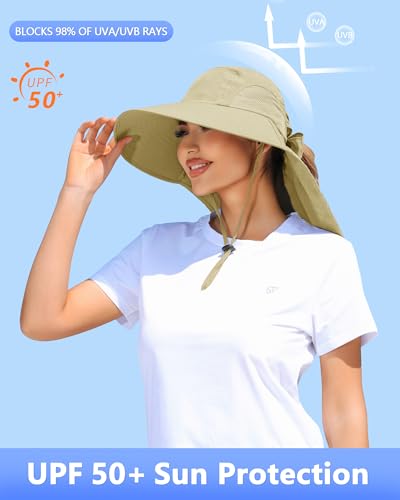 Womens Sun Hat Outdoor UV Protection Wide Brim Fishing Hat with Ponytail Hole Neck Flap for Beach Hiking Camping - color: Light Khaki