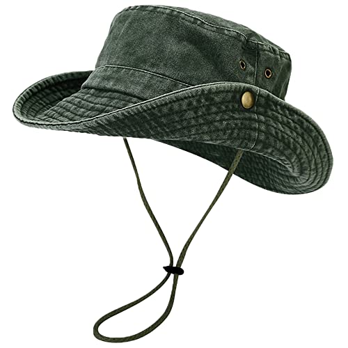 Unisex Cotton Boonie Hat Summer Fishing Bucket Hat Sun Hat with String - color: Retro Army Green