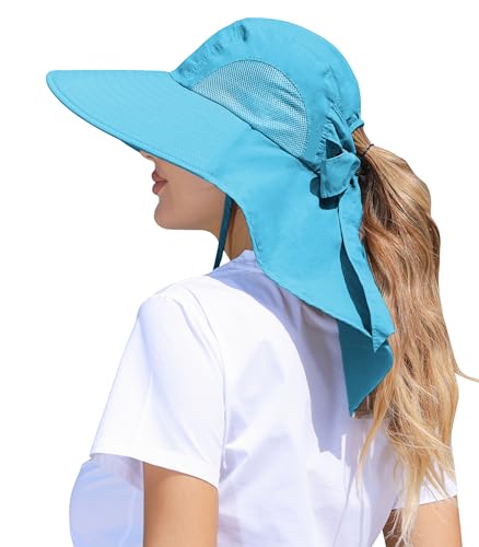 Womens Sun Hat Outdoor UV Protection Wide Brim Fishing Hat with Ponytail Hole Neck Flap for Beach Hiking Camping - color: Sun Hat-sky Blue