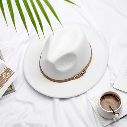 DRESHOW Women Classic Felt Fedora Wide Brim Floppy with Belt Buckle Panama Hat - color: White (Khaki Belt Buckle)
