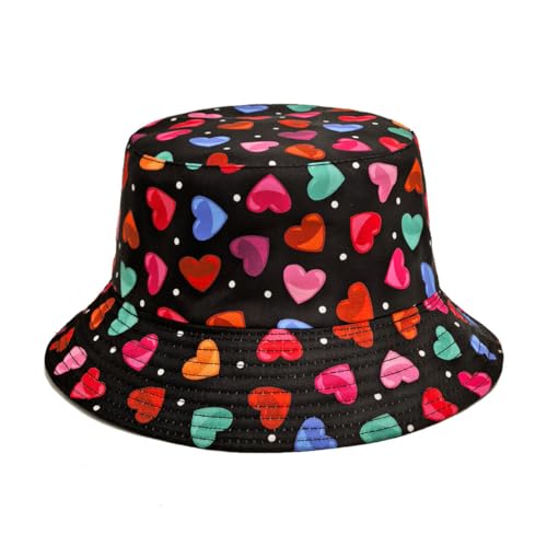 Summer Bucket hat, Love Pattern Sun hat, Packable Fisherman Outdoor Travel Hiking Beach Cap, one Size - color: Colorful Love Heart