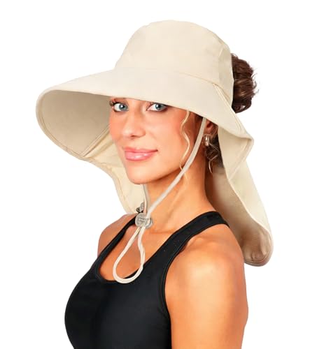 Women UV-Protection Sun Hat with Neck Flap Packable Foldable Gardening Hat Wide Brim Bucket for Travel