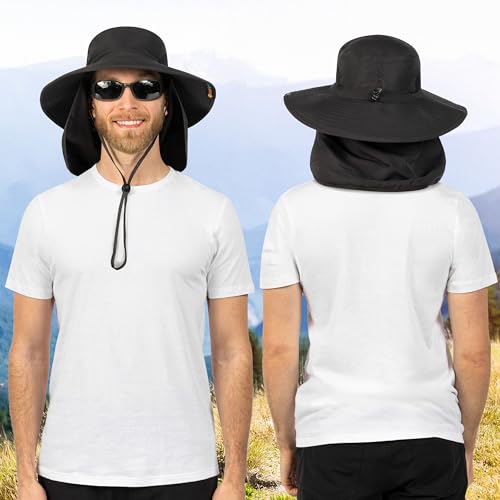 SUN CUBE Wide Brim Sun Hat for Men & Women, UPF 50+ UV Protection, Mesh Boonie Hat with Chin Strap, Fishing Hiking Hat - color: Black With Flap