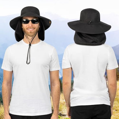 SUN CUBE Wide Brim Sun Hat for Men & Women, UPF 50+ UV Protection, Mesh Boonie Hat with Chin Strap, Fishing Hiking Hat - color: Black With Flap