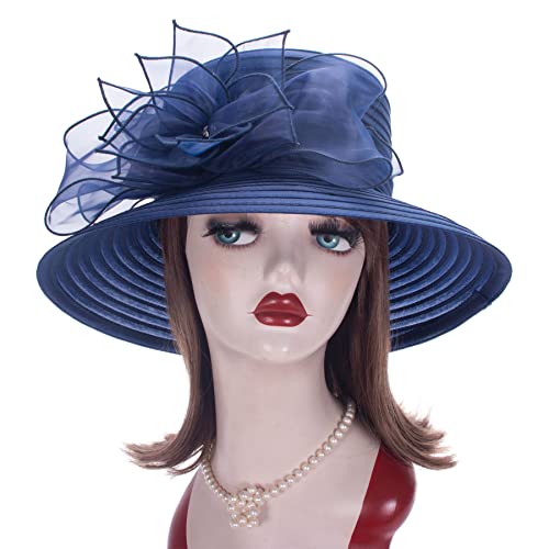 Womens Wedding Occasion Floral Wide Brim Church Dressy Sun Hat A323 - color: Navy Blue