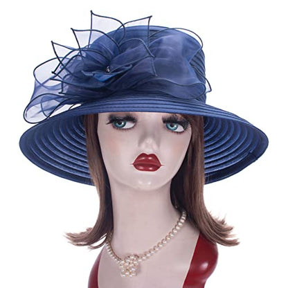 Womens Wedding Occasion Floral Wide Brim Church Dressy Sun Hat A323 - color: Navy Blue