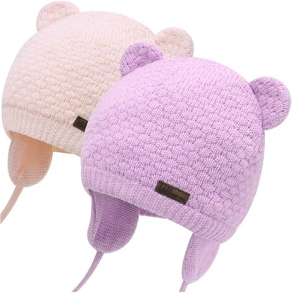Duoyeree Baby Winter Hat, Bear Knit Earflaps Cotton Lined for Toddler Kids - color: Bear Pink and Purple, size: 12-18 Months